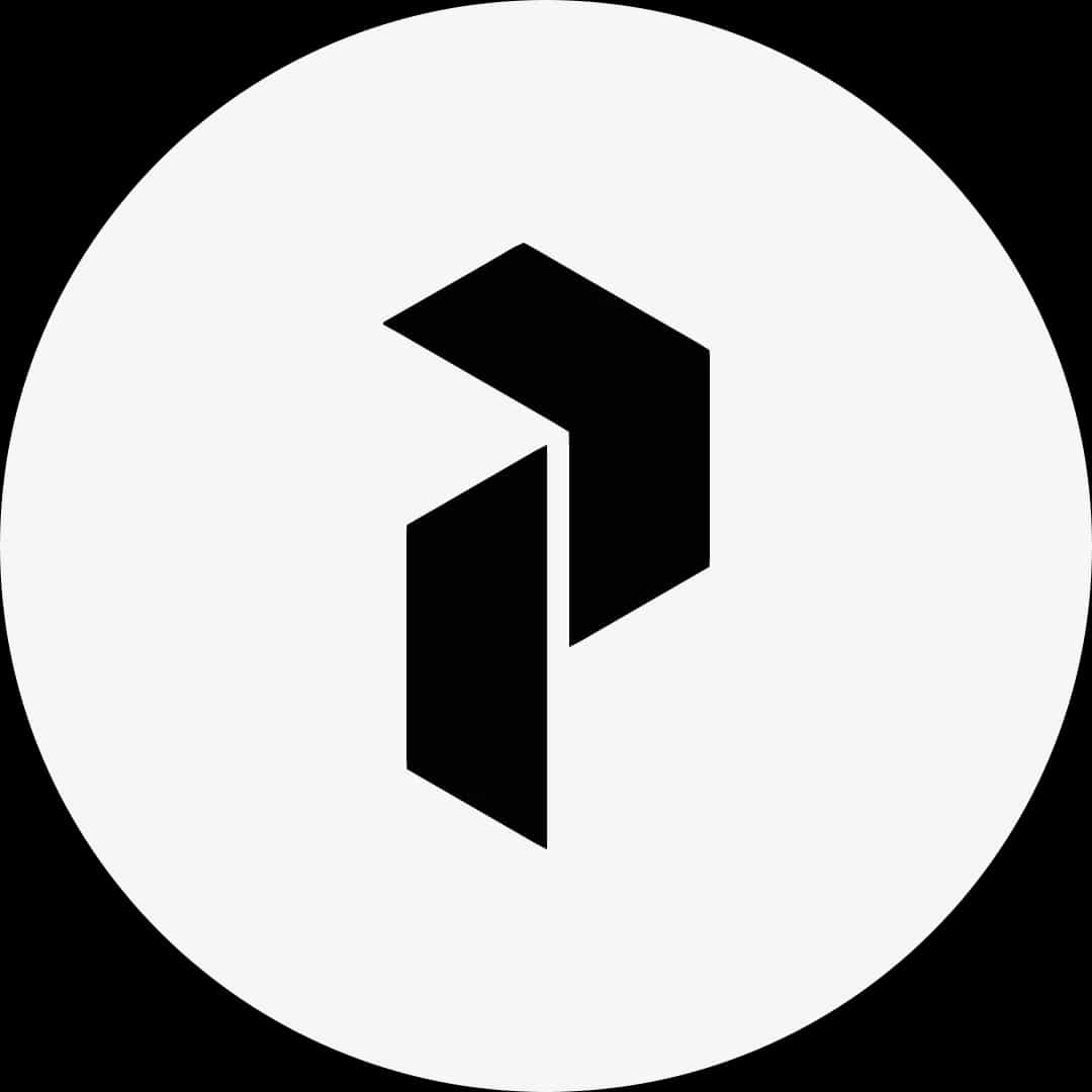 Svart geometrisk symbol i form av en vinklad P-pil på en vit cirkulär bakgrund.